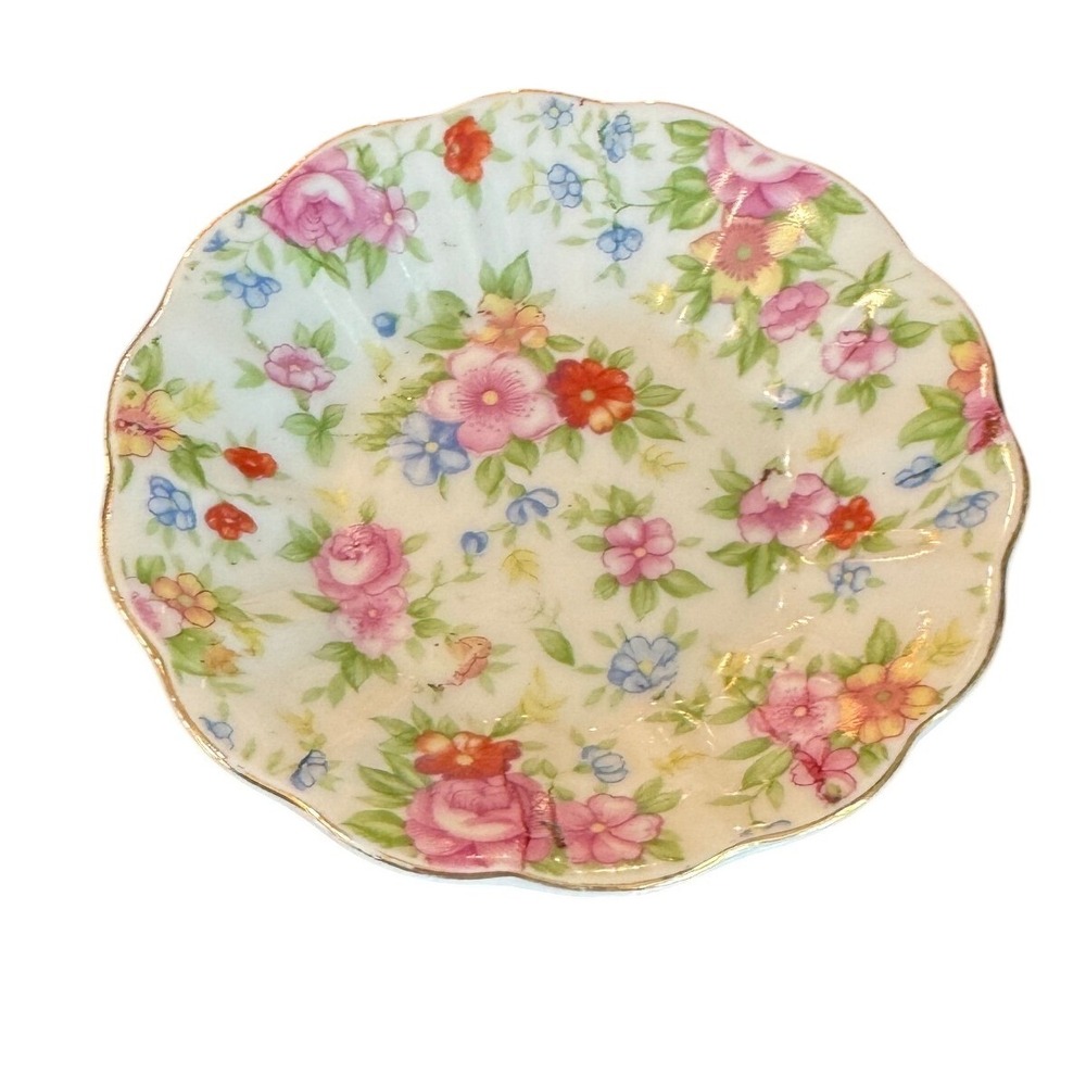 Vintage Merit China Occupied Japan Floral Chintz Scalloped Trinket Dish‎ Bowl